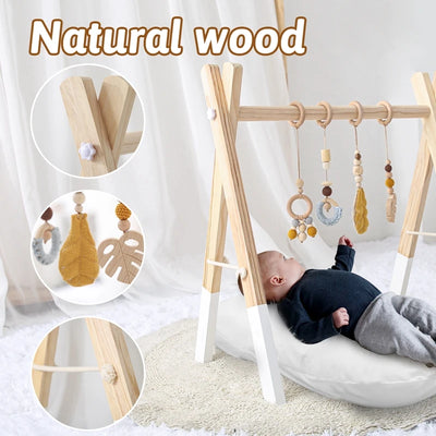 Baby Gym Play Mat - Wooden Activity Frame with Hanging Toys