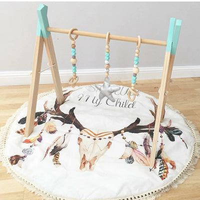 Baby Gym Play Mat - Wooden Activity Frame with Hanging Toys