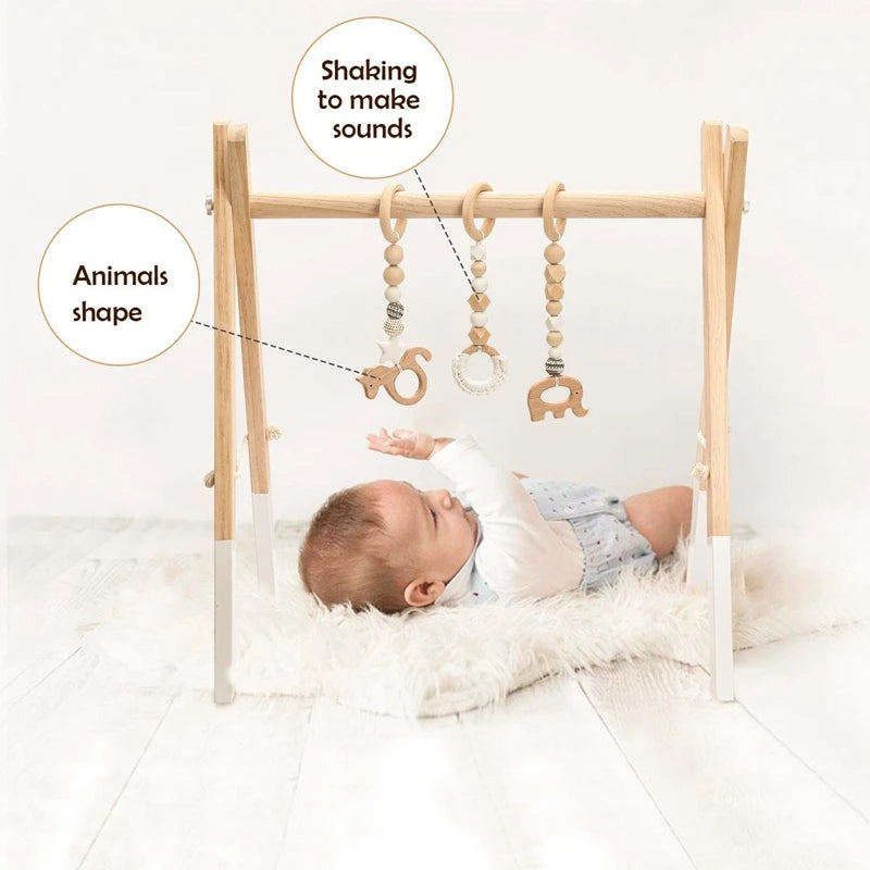 Baby Gym Play Mat - Wooden Activity Frame with Hanging Toys