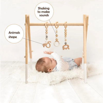 Baby Gym Play Mat - Wooden Activity Frame with Hanging Toys