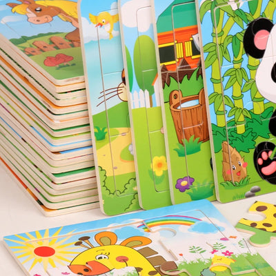 Hot Sale 12/9 PCS Puzzles Wooden Kids Baby Wood Cartoon Vehicle Animals Learning Educational Toys for Children Gift