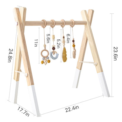 Baby Gym Play Mat - Wooden Activity Frame with Hanging Toys