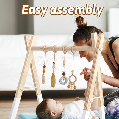 Baby Gym Play Mat - Wooden Activity Frame with Hanging Toys