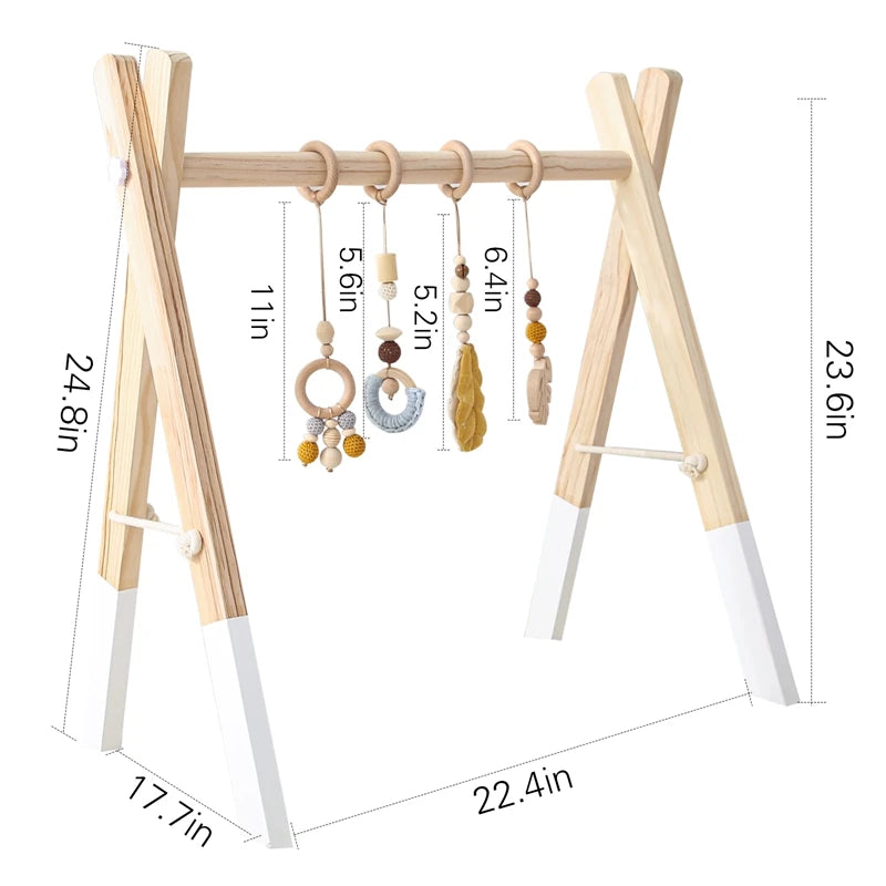 Baby Gym Play Mat - Wooden Activity Frame with Hanging Toys