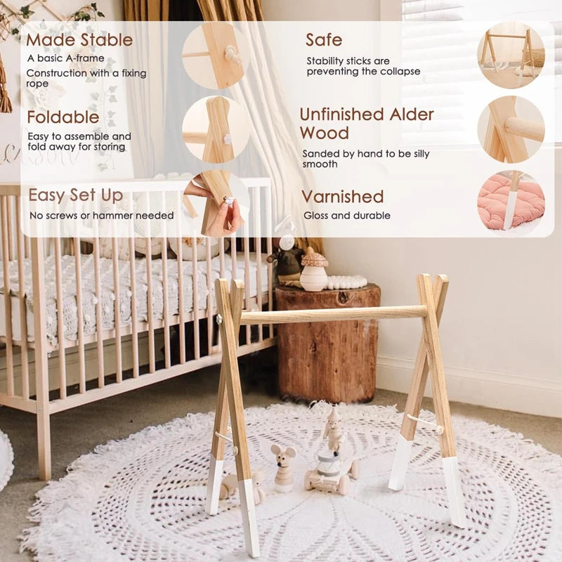 Baby Gym Play Mat - Wooden Activity Frame with Hanging Toys