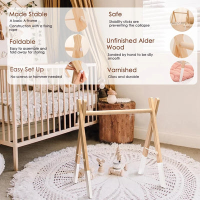 Baby Gym Play Mat - Wooden Activity Frame with Hanging Toys