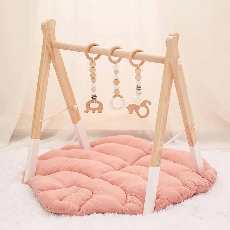 Baby Gym Play Mat - Wooden Activity Frame with Hanging Toys
