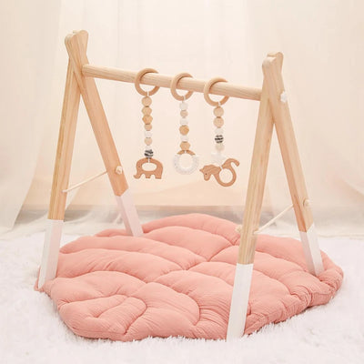 Baby Gym Play Mat - Wooden Activity Frame with Hanging Toys