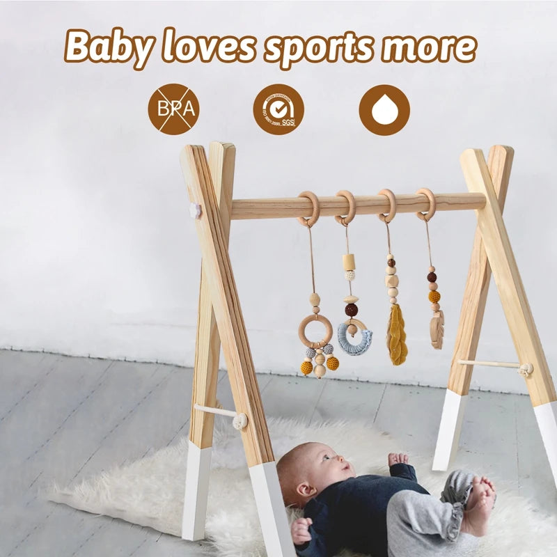 Baby Gym Play Mat - Wooden Activity Frame with Hanging Toys