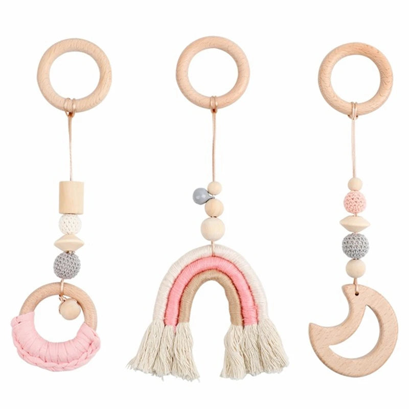 Baby Gym Play Mat - Wooden Activity Frame with Hanging Toys