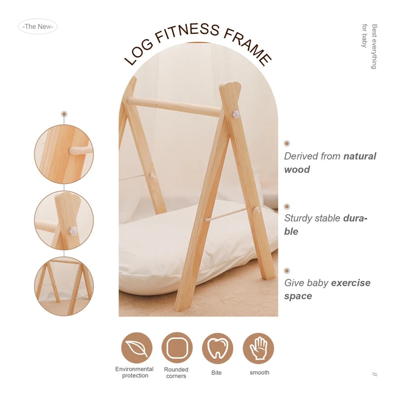 Baby Gym Play Mat - Wooden Activity Frame with Hanging Toys