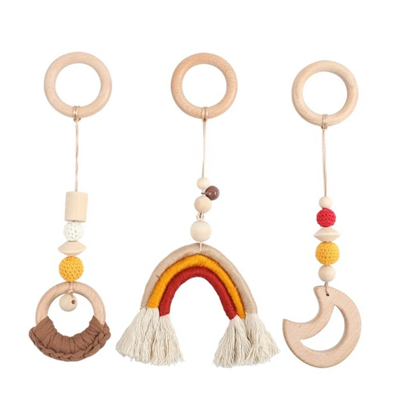 Baby Gym Play Mat - Wooden Activity Frame with Hanging Toys