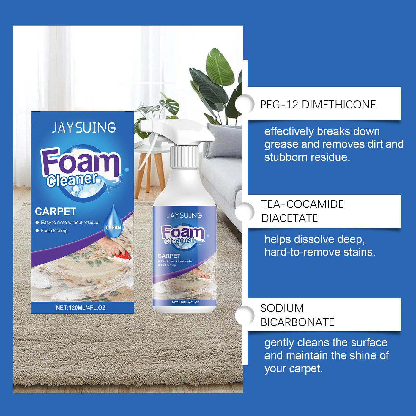 Carpet Foam Cleaner Eliminate Stubborn Stains Odor Remover Carpet Fabric Curtain Multi-functional Cleaning Rug Cleaner Solution