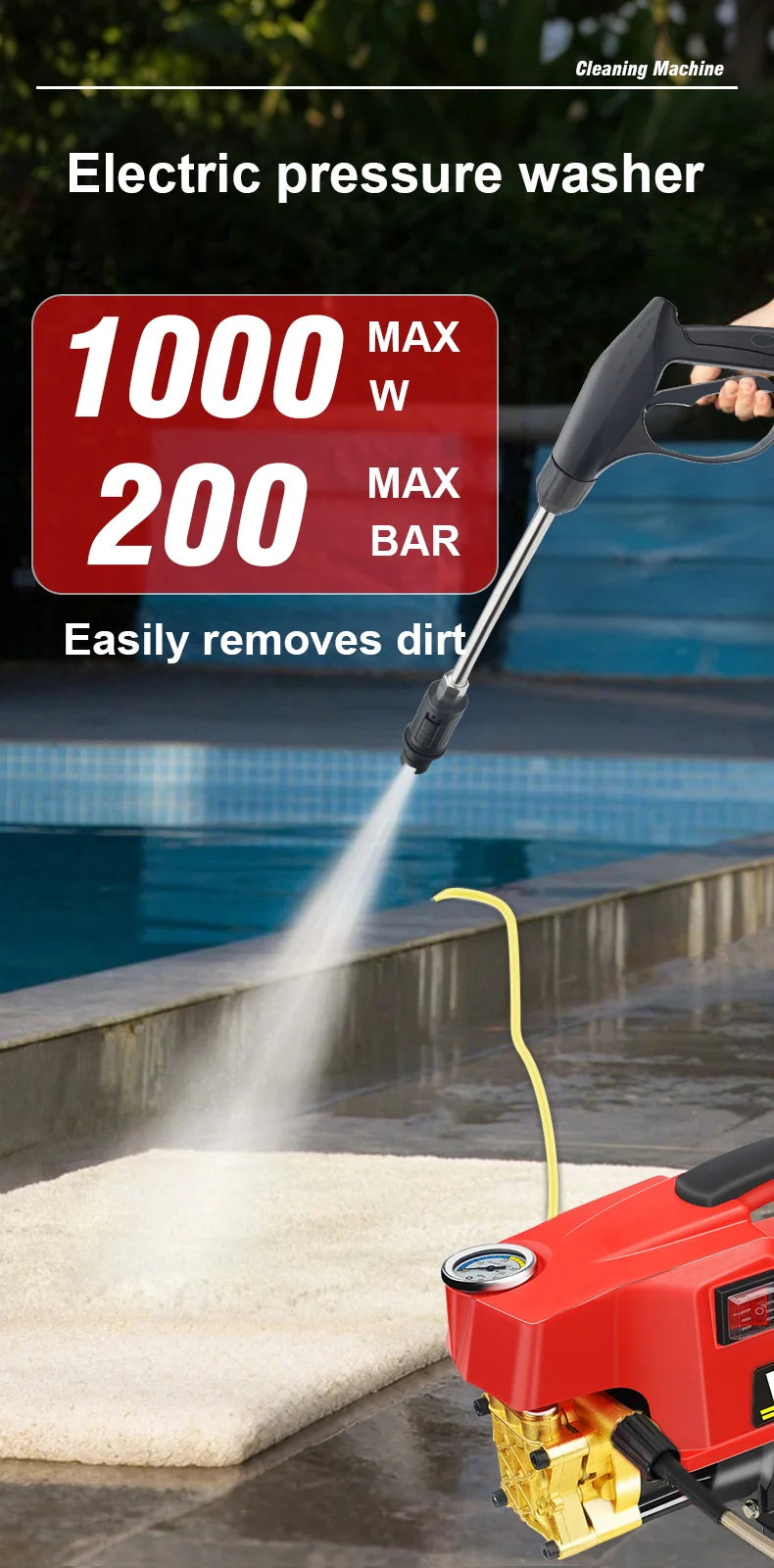 1000W 200BAR High Pressure Washer Household Cleaner Water Pressure Machine Water Gun Cleaning for Cars AC Units Home Windows