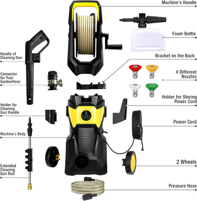 Electric High Pressure Washer2200W,150bar,4 quick-connect nozzles from 0 to 180°,10m Flexible Hose,for Terraces,Gardens,Cars