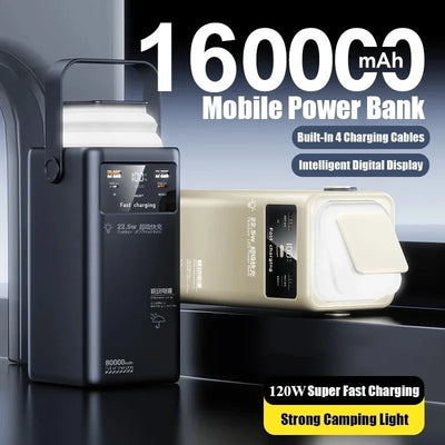 Portable Outdoor Emergency Power Banks Smartphone Backup Power 160000mAh Built-in Cable Powerbank Camping Light Portable Charger