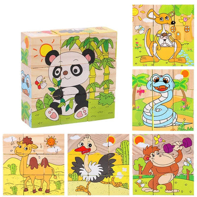 Early Learning Educational Toys Baby Wooden Blocks Toys Animal Fruit Traffic Cognize Children Six Side Cube Jigsaw Puzzles Game