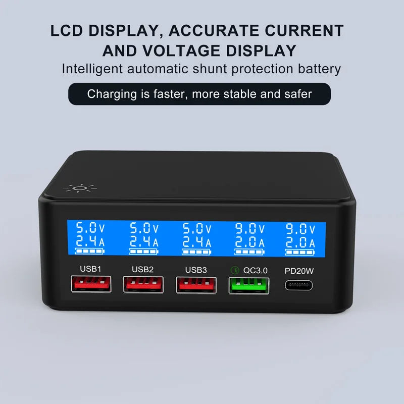 Multi USB Charger 50W 5 Port USB Fast Charger with QC 3.0 Quick Charge LCD Smart Charging Station Hub for Multiple Devices