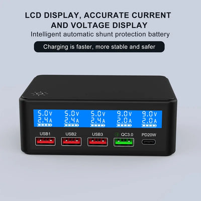 Multi USB Charger 50W 5 Port USB Fast Charger with QC 3.0 Quick Charge LCD Smart Charging Station Hub for Multiple Devices