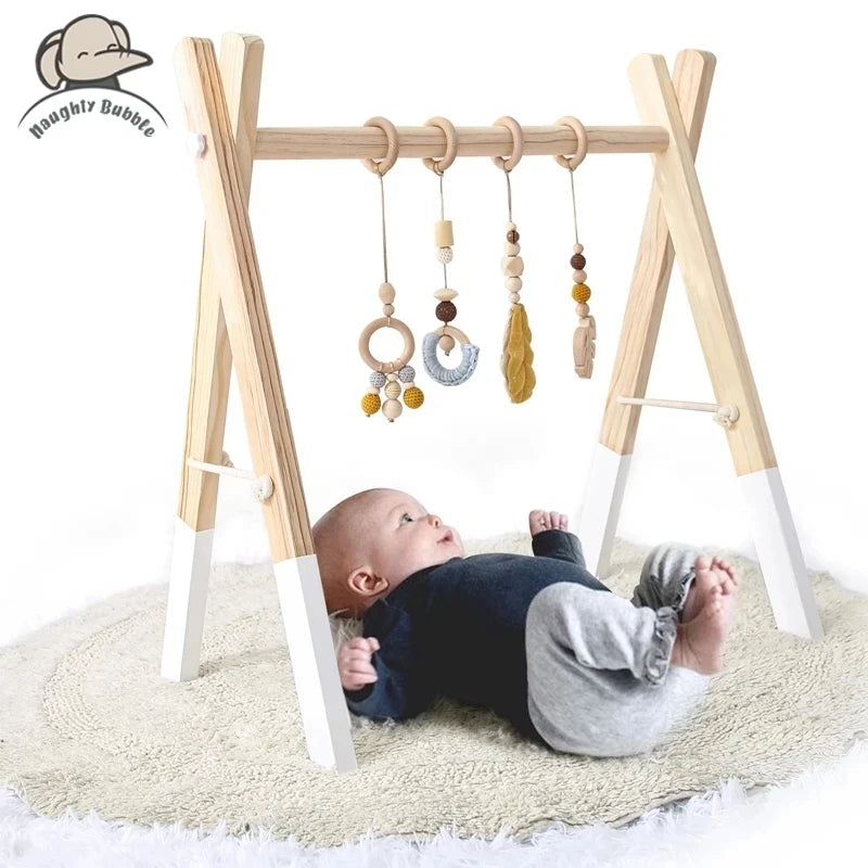 Baby Gym Play Mat - Wooden Activity Frame with Hanging Toys