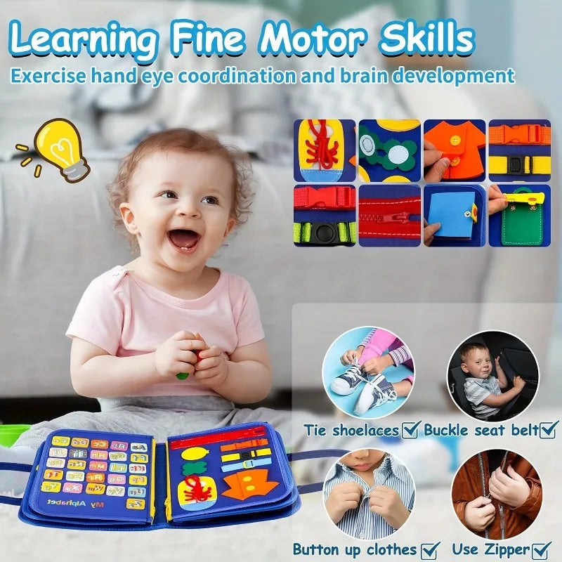 Montessori Busy Board for Toddlers Sensory Toy Fine Motor Skills Activity Travel Learning Gift for Boys Girls Blue Polyester