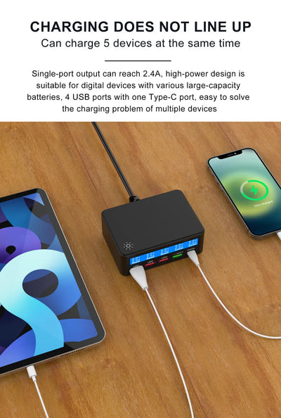 Multi USB Charger 50W 5 Port USB Fast Charger with QC 3.0 Quick Charge LCD Smart Charging Station Hub for Multiple Devices