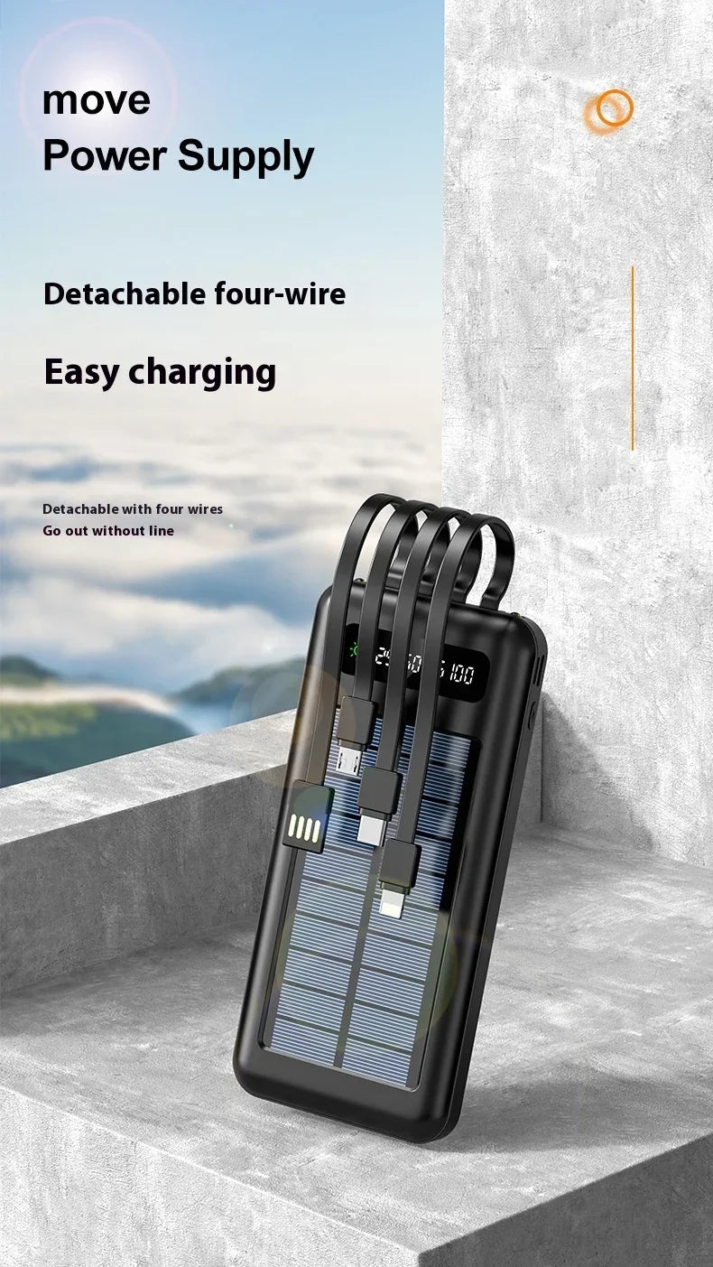 New Portable Charger Solar Power Bank 20000mah Large Capacity Outdoor Fast Charging Telephone Power Bank Share Removable Cable