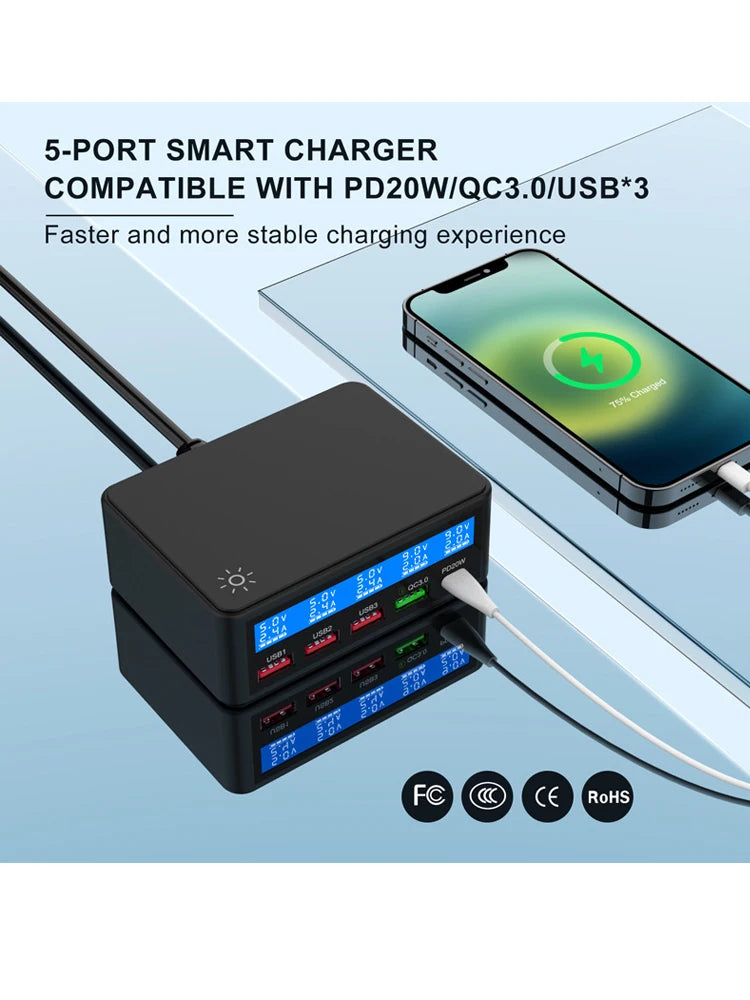 Multi USB Charger 50W 5 Port USB Fast Charger with QC 3.0 Quick Charge LCD Smart Charging Station Hub for Multiple Devices
