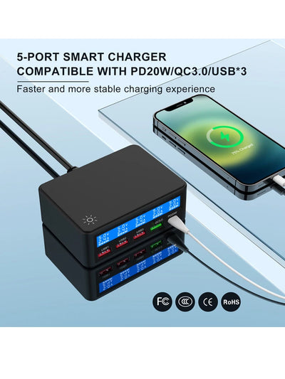 Multi USB Charger 50W 5 Port USB Fast Charger with QC 3.0 Quick Charge LCD Smart Charging Station Hub for Multiple Devices