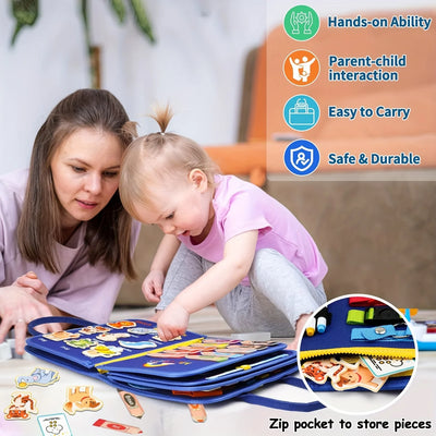 Montessori Busy Board for Toddlers Sensory Toy Fine Motor Skills Activity Travel Learning Gift for Boys Girls Blue Polyester