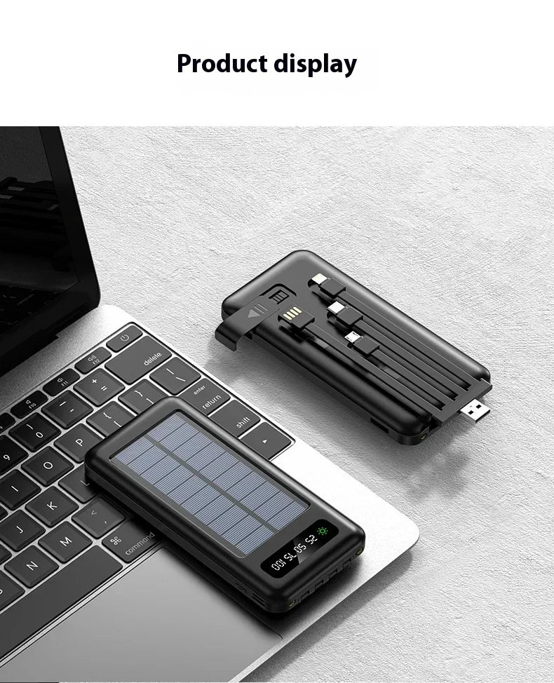 New Portable Charger Solar Power Bank 20000mah Large Capacity Outdoor Fast Charging Telephone Power Bank Share Removable Cable