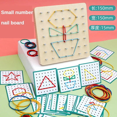 Kids Math Wooden Toys Set Geometric Shape Rubber Band Pegboard Montessori Learning Creative Toy Fine Motor Skills
