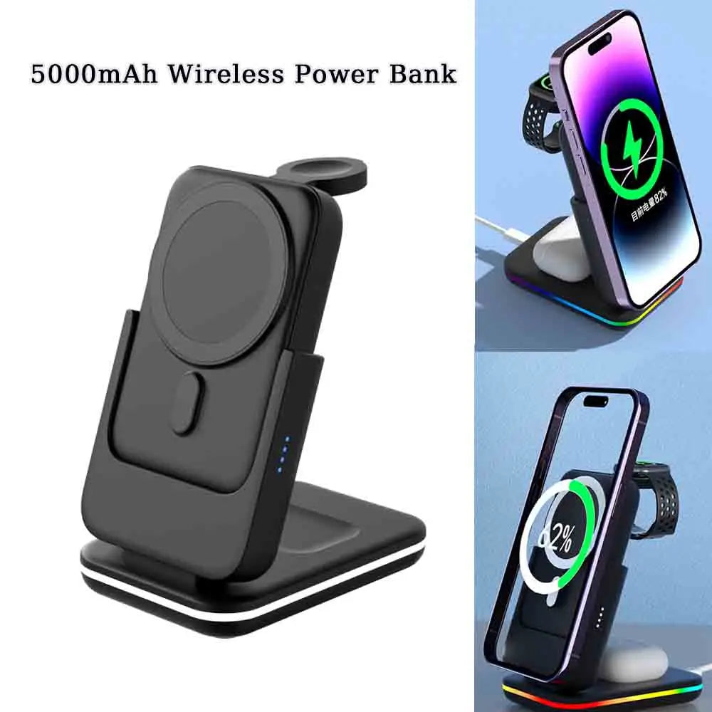 Portable 5000mAh Power Bank 3 in 1 Wireless Charging Station for iPhone & iWatch & Galaxy Watch for  Phones Airpods