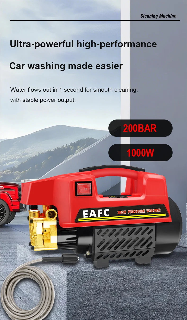 1000W 200Bar Electric Pressure Car Washer Multifuntional Portable High Power Cleaner with Foam Spray Water Gun for Home & Car