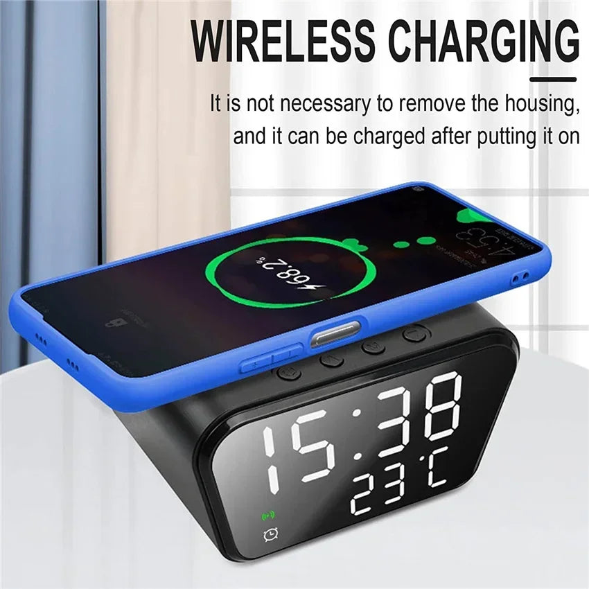 Wireless Charger Pad LED Digital Alarm Clock Desktop Temperature Phone Chargers Stand 15W Fast Wireless Charging Dock Station