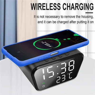 Wireless Charger Pad LED Digital Alarm Clock Desktop Temperature Phone Chargers Stand 15W Fast Wireless Charging Dock Station