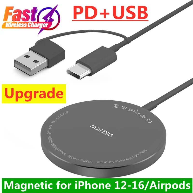 Magnetic Wireless Charger Pad Stand for iPhone 16 15 14 13 Pro Max Mini Airpods PD Macsafe Earphone Phone Fast Charging Station