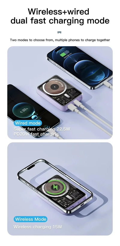 Portable Magnetic Wireless10000mAh Transparent Power Bank Supports PD20W 15W Charging Mobile Power Supply  for iPhone