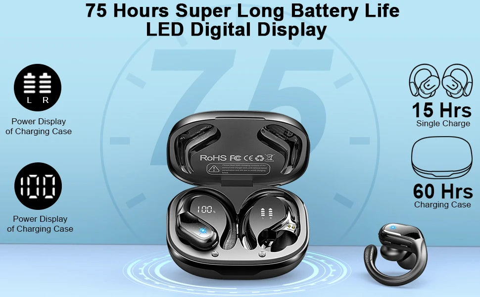 75Hrs Bluetooth 5.3 Earphones IP7 Waterproof Wireless Headphones