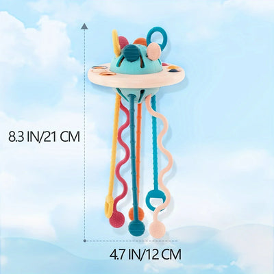 Montessori Sensory Toys for Toddlers 6-18M+, UFO Food Grade Silicone Push & Pull String Activity Toy, Fidget Travel Toys