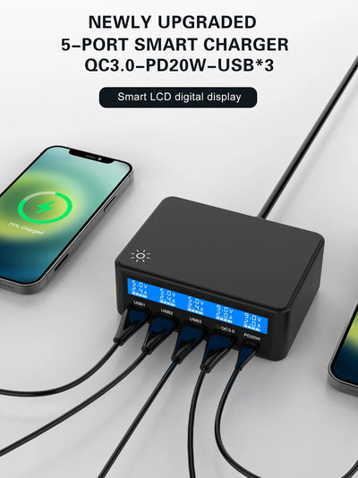 Multi USB Charger 50W 5 Port USB Fast Charger with QC 3.0 Quick Charge LCD Smart Charging Station Hub for Multiple Devices
