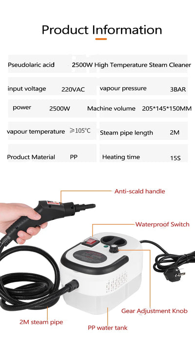 Steam cleaner, 3-level adjustable handle, 15-year heating element, 1.2-liter tank, portable steam cleaner for cleaning with 12 a