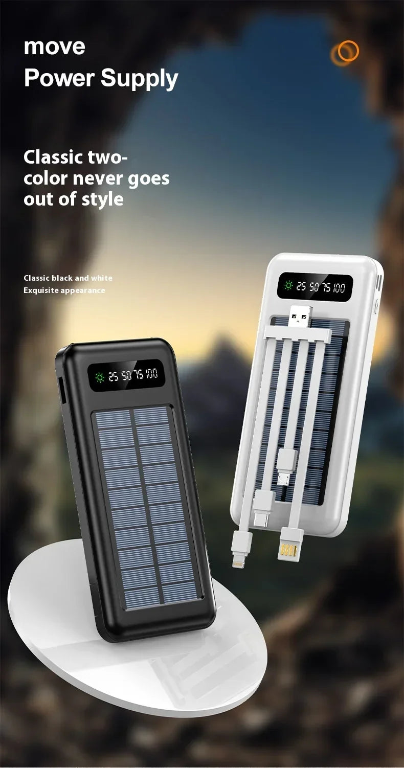 New Portable Charger Solar Power Bank 20000mah Large Capacity Outdoor Fast Charging Telephone Power Bank Share Removable Cable