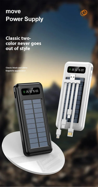 New Portable Charger Solar Power Bank 20000mah Large Capacity Outdoor Fast Charging Telephone Power Bank Share Removable Cable