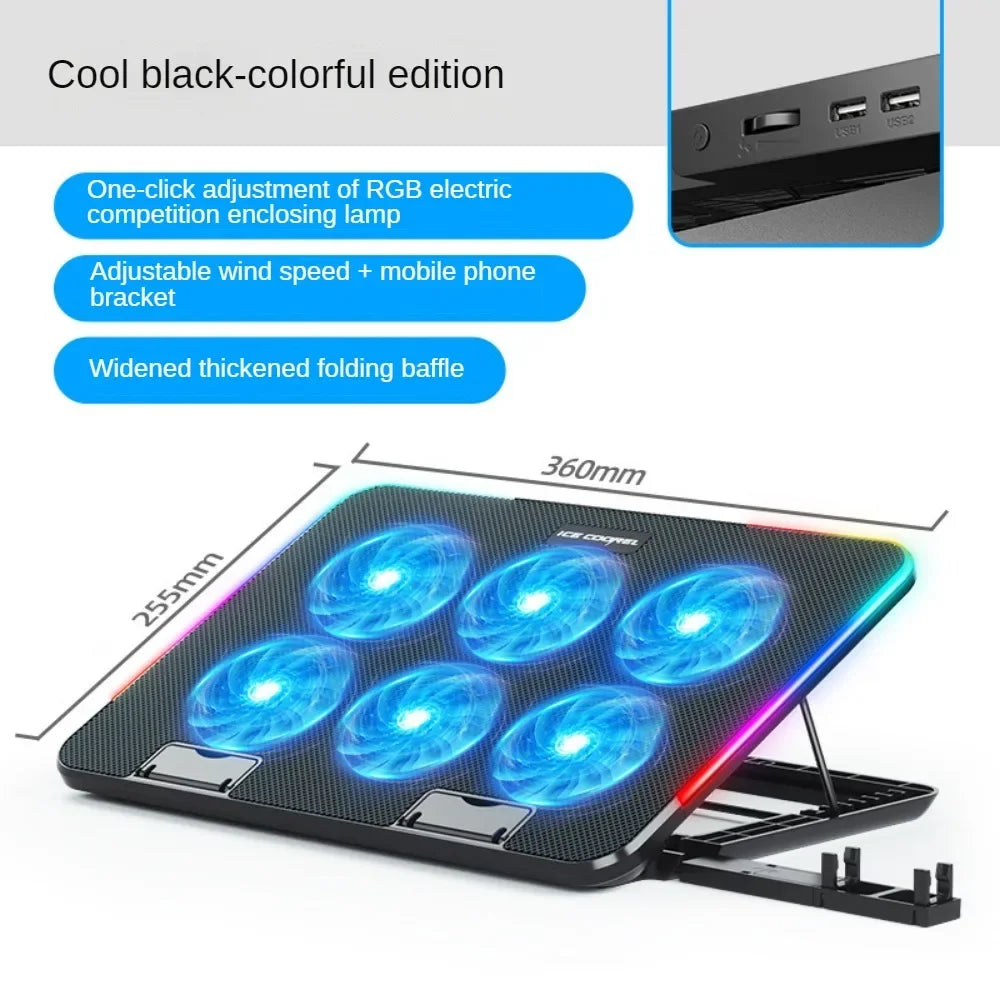 12-17 Inch Laptop Cooling Pad - 6 Quiet Fans Portable Air Cooler for Notebook Gaming with Stable Stand USB