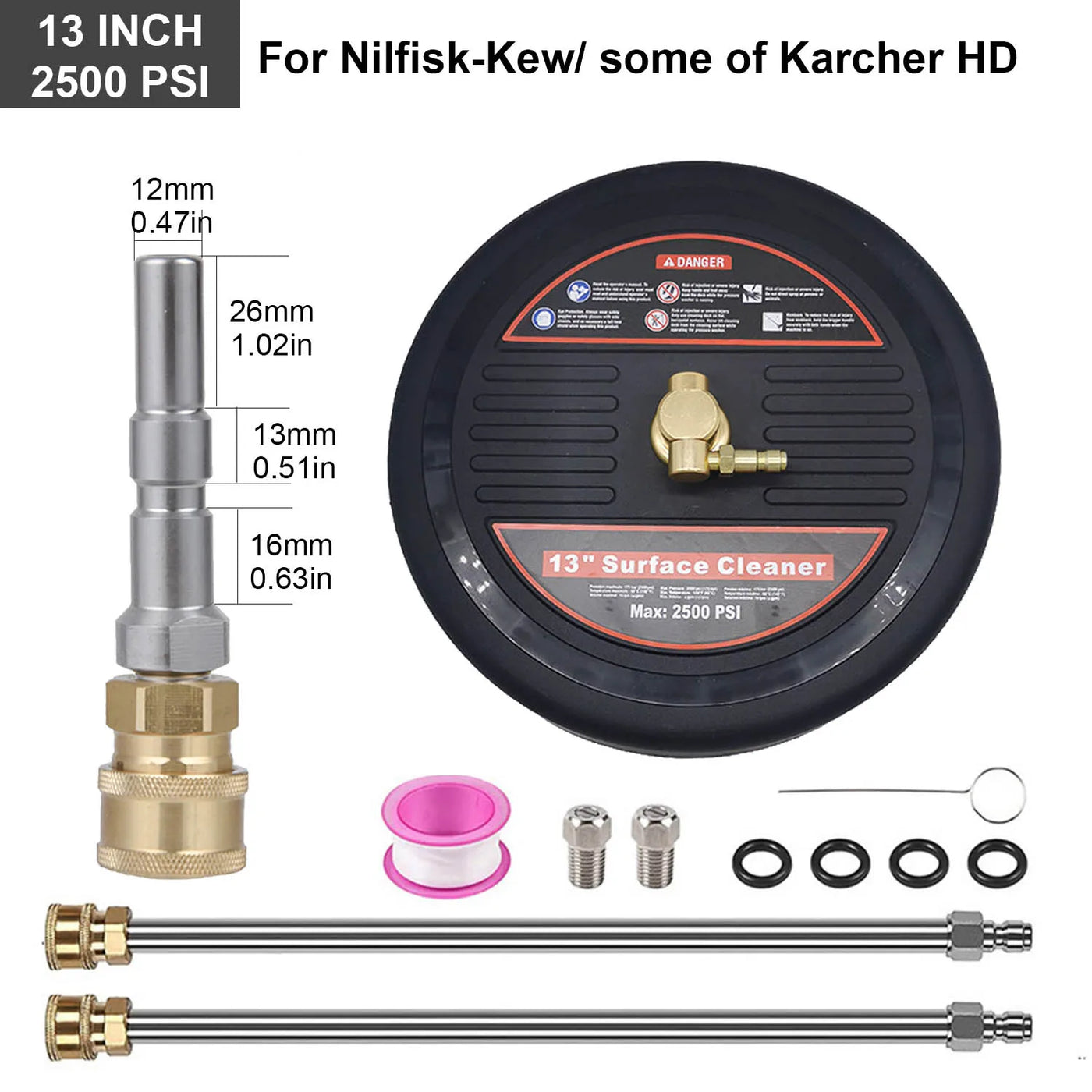 2500 PSI 13 Inch Pressure Washer Surface Ground Floor Cleaner Brush Water Broom for Karcher Lavor Anlu 1/4" Inch Quick Connector