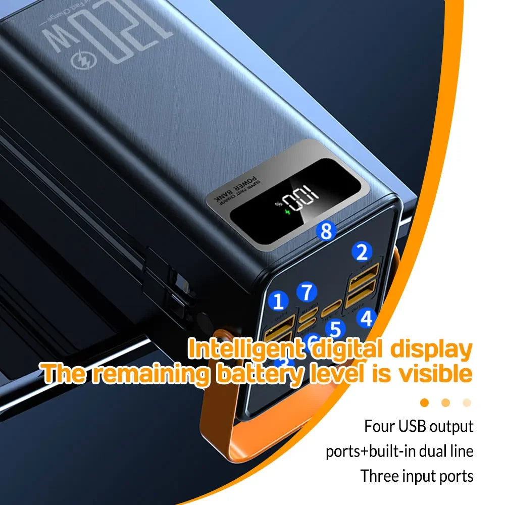 Portable Power Bank 120W 80000mAH Super Fast Charger Large Capacity External Battery Supports Simultaneous Charging of 7 Devices