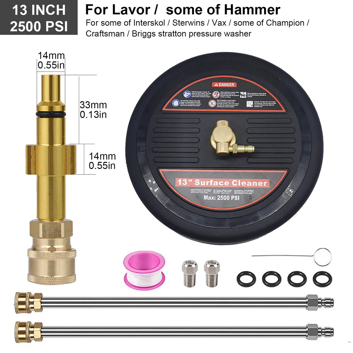 2500 PSI 13 Inch Pressure Washer Surface Ground Floor Cleaner Brush Water Broom for Karcher Lavor Anlu 1/4" Inch Quick Connector