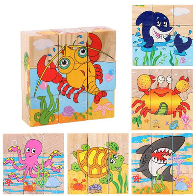 Early Learning Educational Toys Baby Wooden Blocks Toys Animal Fruit Traffic Cognize Children Six Side Cube Jigsaw Puzzles Game
