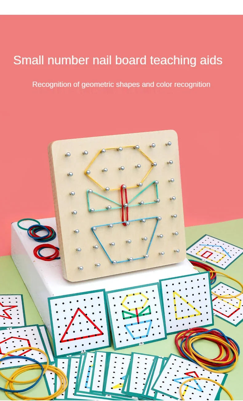 Kids Math Wooden Toys Set Geometric Shape Rubber Band Pegboard Montessori Learning Creative Toy Fine Motor Skills
